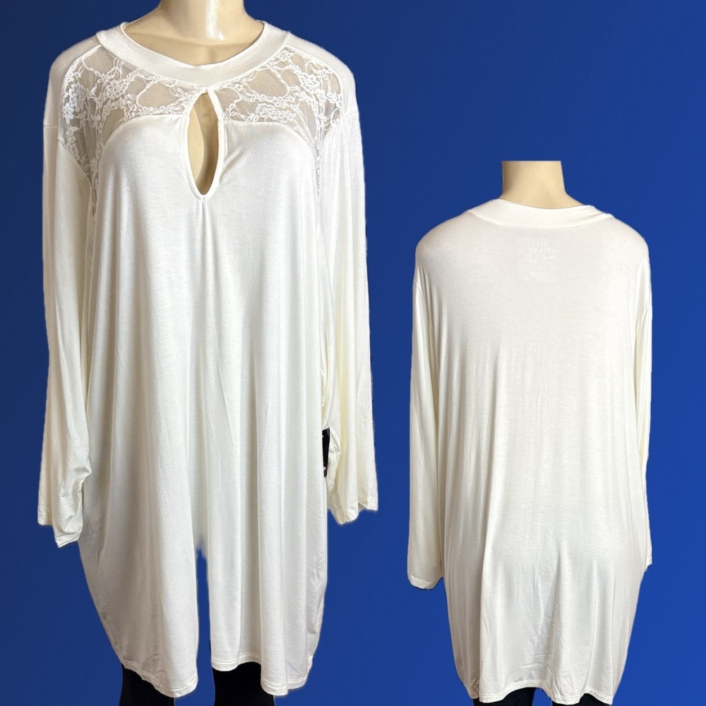 Torrid +5 Ivory Cream Super Soft Floral Mesh Lace Keyhole Mock Neck Tunic Top